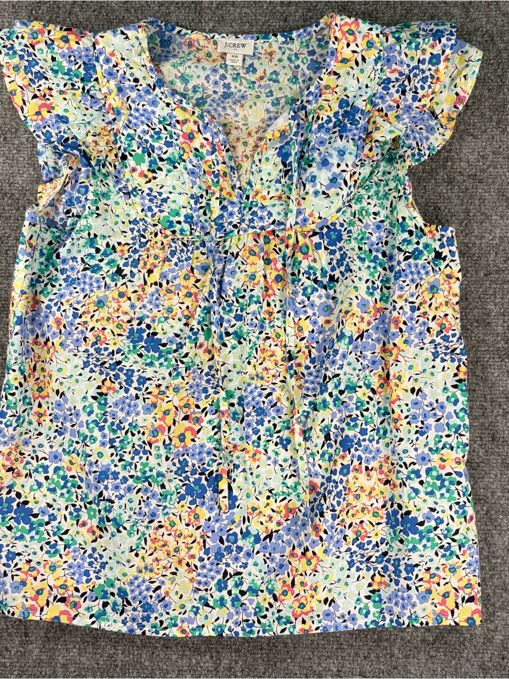 J. Crew Floral V-Neck Blouse in Blue, Green, Yellow, Pink
